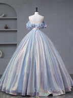 A-Line Off Shoulder Tulle Sequin Blue Purple Long Prom Dresses, Sequin Formal Dresses