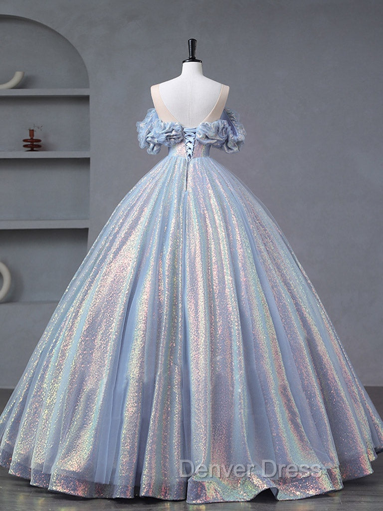 A-Line Off Shoulder Tulle Sequin Blue Purple Long Prom Dresses, Sequin Formal Dresses