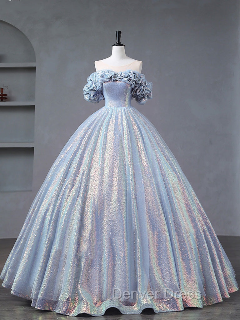 A-Line Off Shoulder Tulle Sequin Blue Purple Long Prom Dresses, Sequin Formal Dresses Secondary image