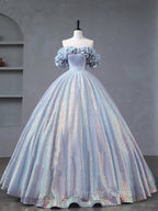 A-Line Off Shoulder Tulle Sequin Blue Purple Long Prom Dresses, Sequin Formal Dresses