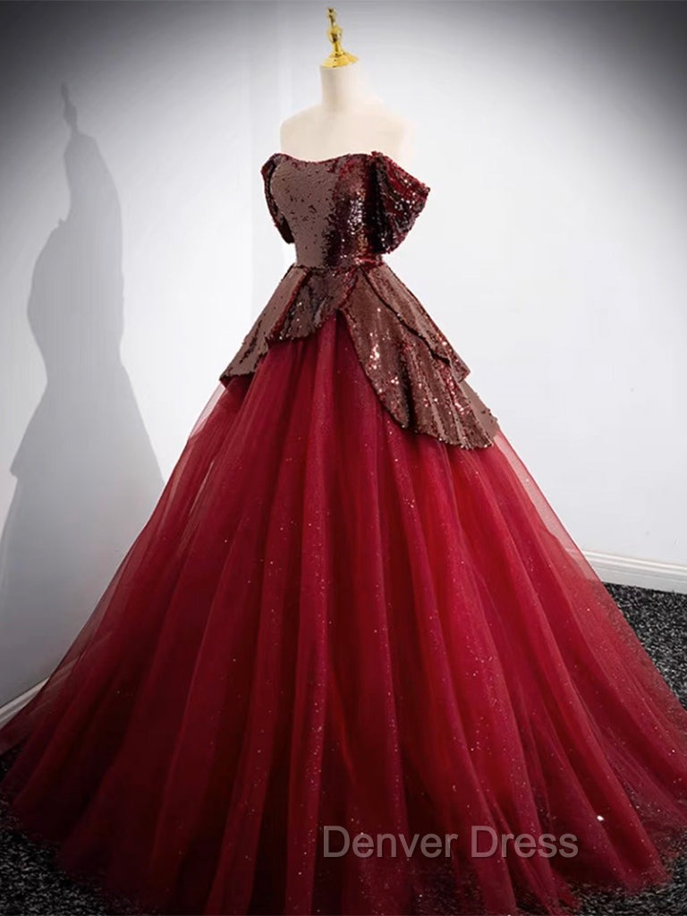 A Line Off Shoulder Tulle Sequin Burgundy Long Prom Dress, Burgundy Prom Dresses