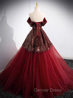 A Line Off Shoulder Tulle Sequin Burgundy Long Prom Dress, Burgundy Prom Dresses