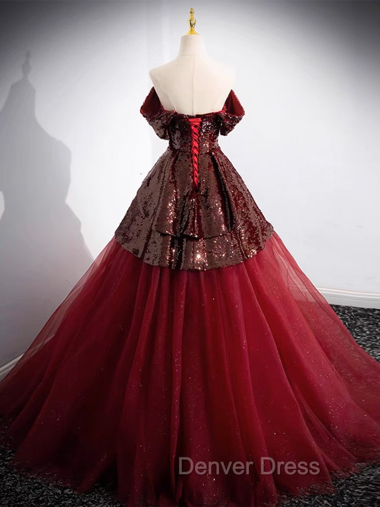 A Line Off Shoulder Tulle Sequin Burgundy Long Prom Dress, Burgundy Prom Dresses
