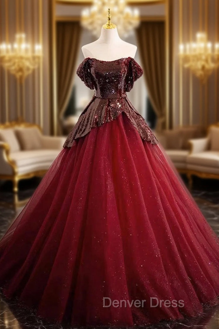 A Line Off Shoulder Tulle Sequin Burgundy Long Prom Dress, Burgundy Prom Dresses