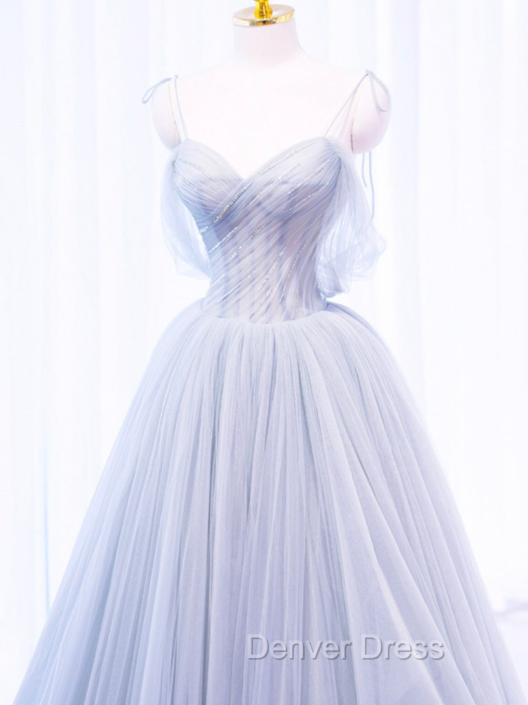 A-Line Off Shoulder Tulle Sequin Gray Long Prom Dresses, Gray Tulle Formal Dresses Secondary image