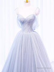 A-Line Off Shoulder Tulle Sequin Gray Long Prom Dress, Gray Tulle Formal Dress