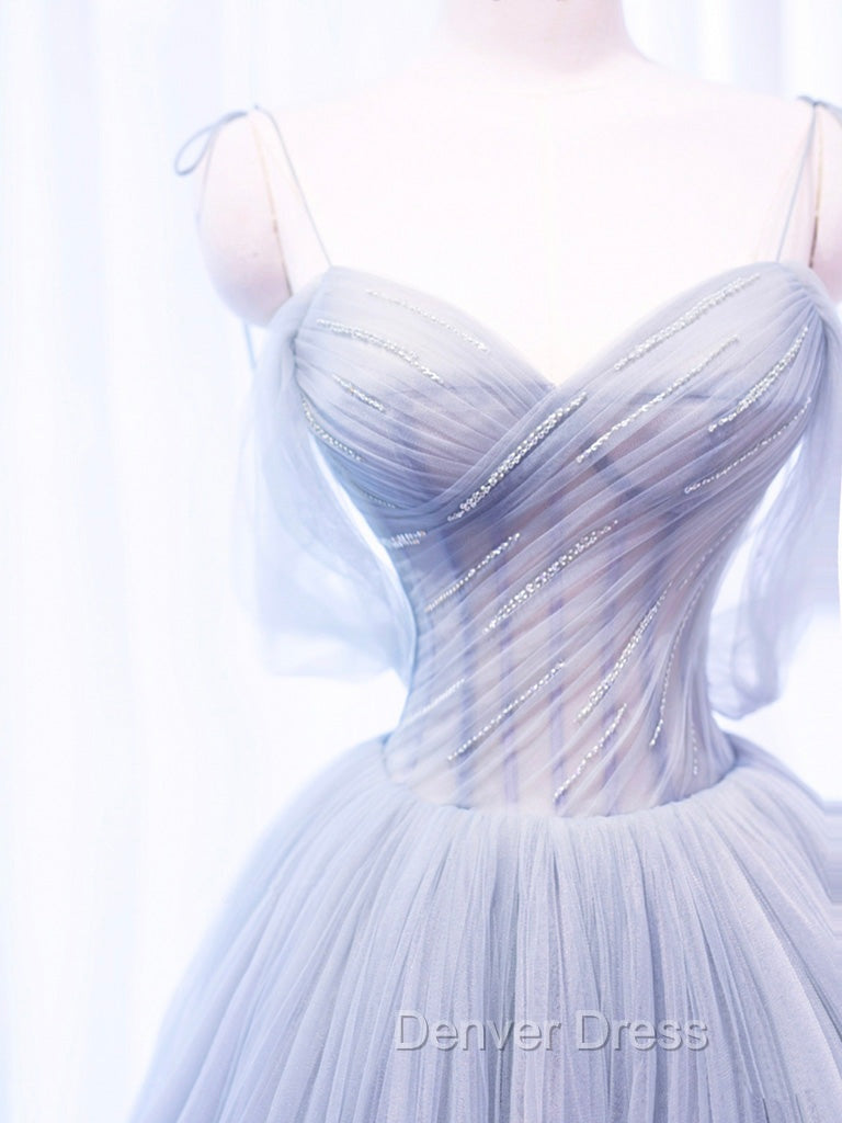 A Line Off Shoulder Tulle Sequin Gray Long Prom Dress, Gray Tulle Prom Dresses