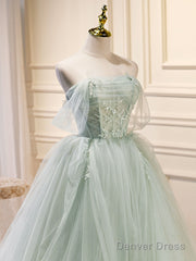 A-Line Off Shoulder Tulle Sequin Green Long Prom Dress, Green Formal Dress