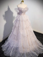 A-line Off Shoulder Tulle Sequin Light Pink Long Prom Dresses,Sequin Long Evening Dresses