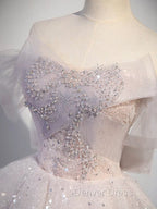 A-line Off Shoulder Tulle Sequin Light Pink Long Prom Dresses,Sequin Long Evening Dresses