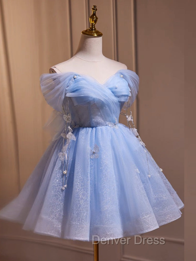 A-Line Off Shoulder Tulle Short Blue Prom Dresses, Cute Blue Homecoming Dresses Secondary image
