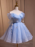 A-Line Off Shoulder Tulle Short Blue Prom Dresses, Cute Blue Homecoming Dresses