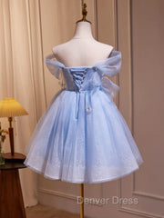 A-Line Off Shoulder Tulle Short Blue Prom Dresses, Cute Blue Homecoming Dresses