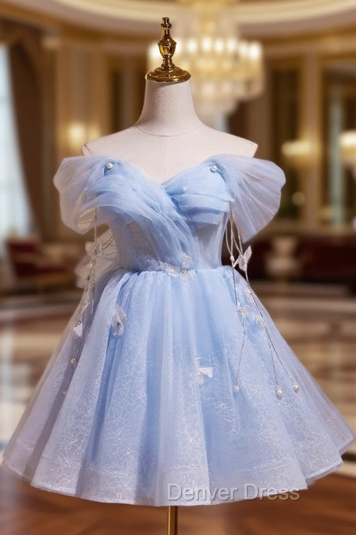 A-Line Off Shoulder Tulle Short Blue Prom Dresses, Cute Blue Homecoming Dresses Main image