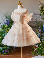 A Line Off Shoulder Tulle Short Champagne Prom Dress, Cute Homecoming Dresses