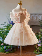 A Line Off Shoulder Tulle Short Champagne Prom Dress, Cute Homecoming Dresses
