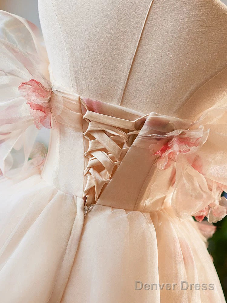 A Line Off Shoulder Tulle Short Champagne Prom Dress, Cute Homecoming Dresses
