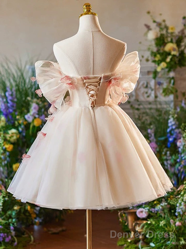 A Line Off Shoulder Tulle Short Champagne Prom Dress, Cute Homecoming Dresses