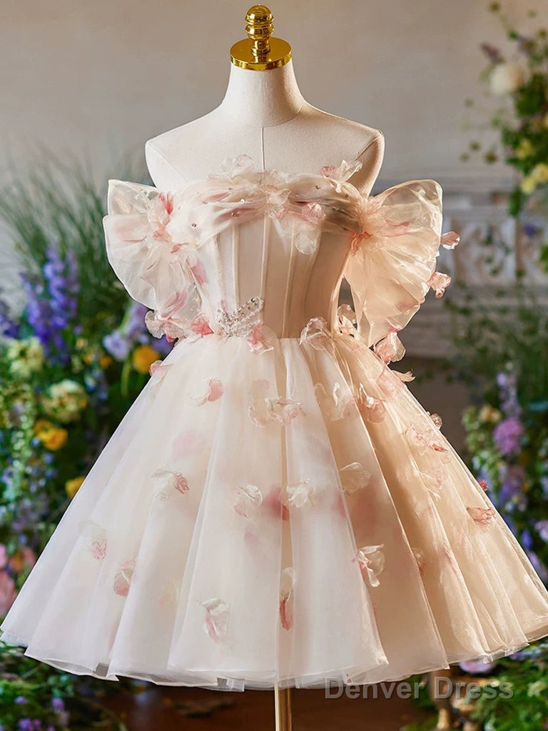 A Line Off Shoulder Tulle Short Champagne Prom Dress, Cute Homecoming Dresses