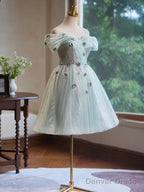 A Line Off Shoulder Tulle Short Prom Dress, Green Homecoming Dresses