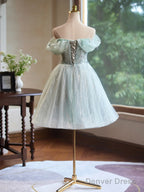 A Line Off Shoulder Tulle Short Prom Dress, Green Homecoming Dresses