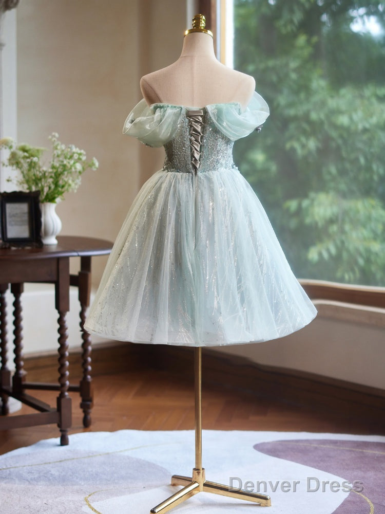 A Line Off Shoulder Tulle Short Prom Dress, Green Homecoming Dresses