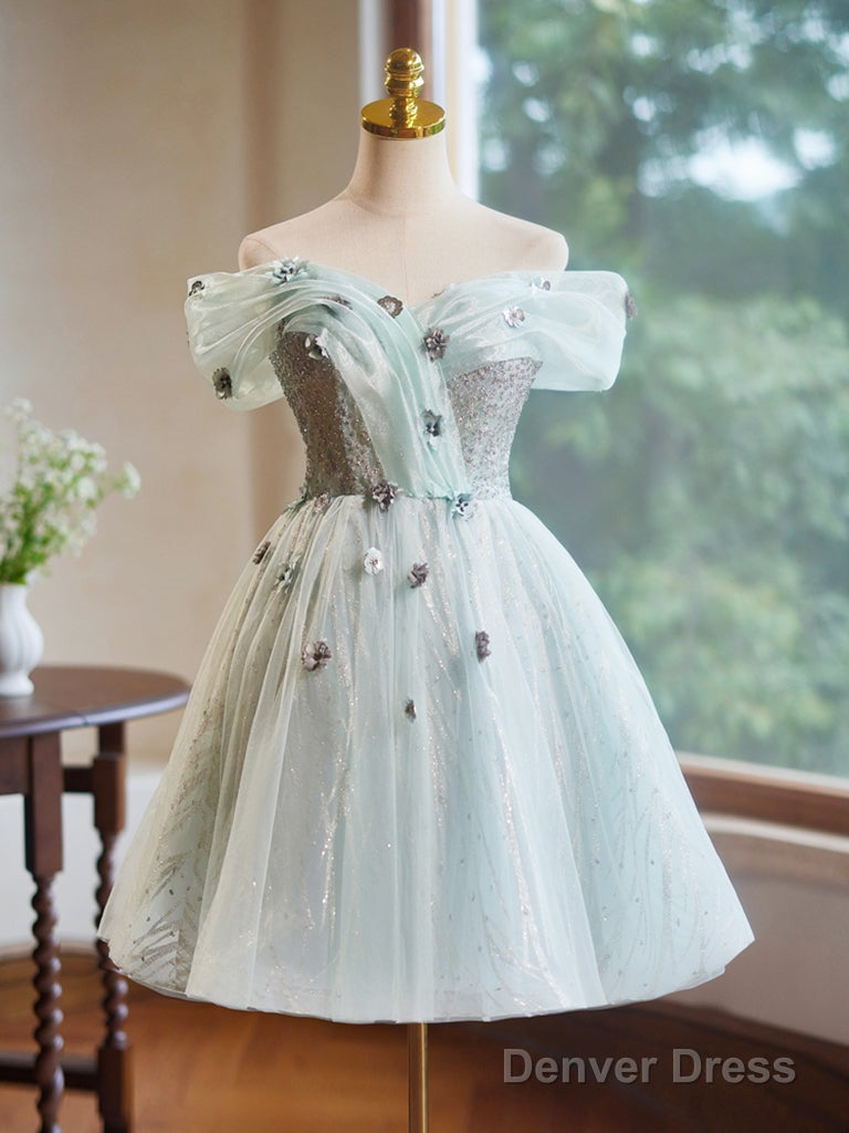 A Line Off Shoulder Tulle Short Prom Dress, Green Homecoming Dresses