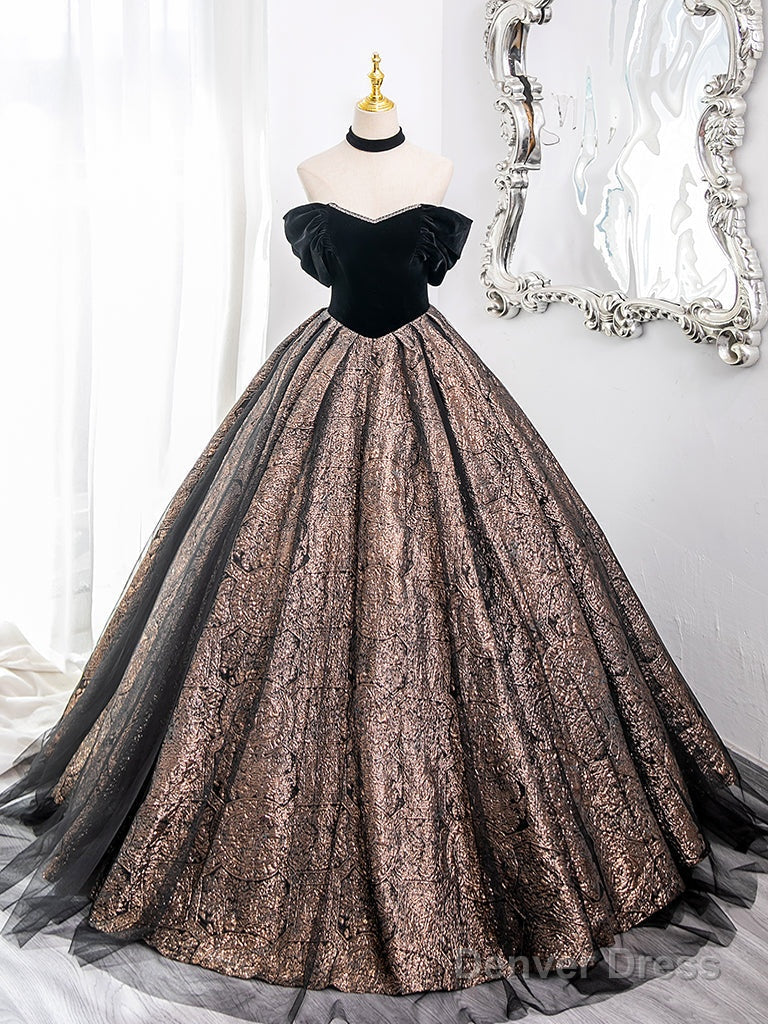 A-Line Off Shoulder Tulle Velvet Black Long Prom Dress, Black Long Formal Dress