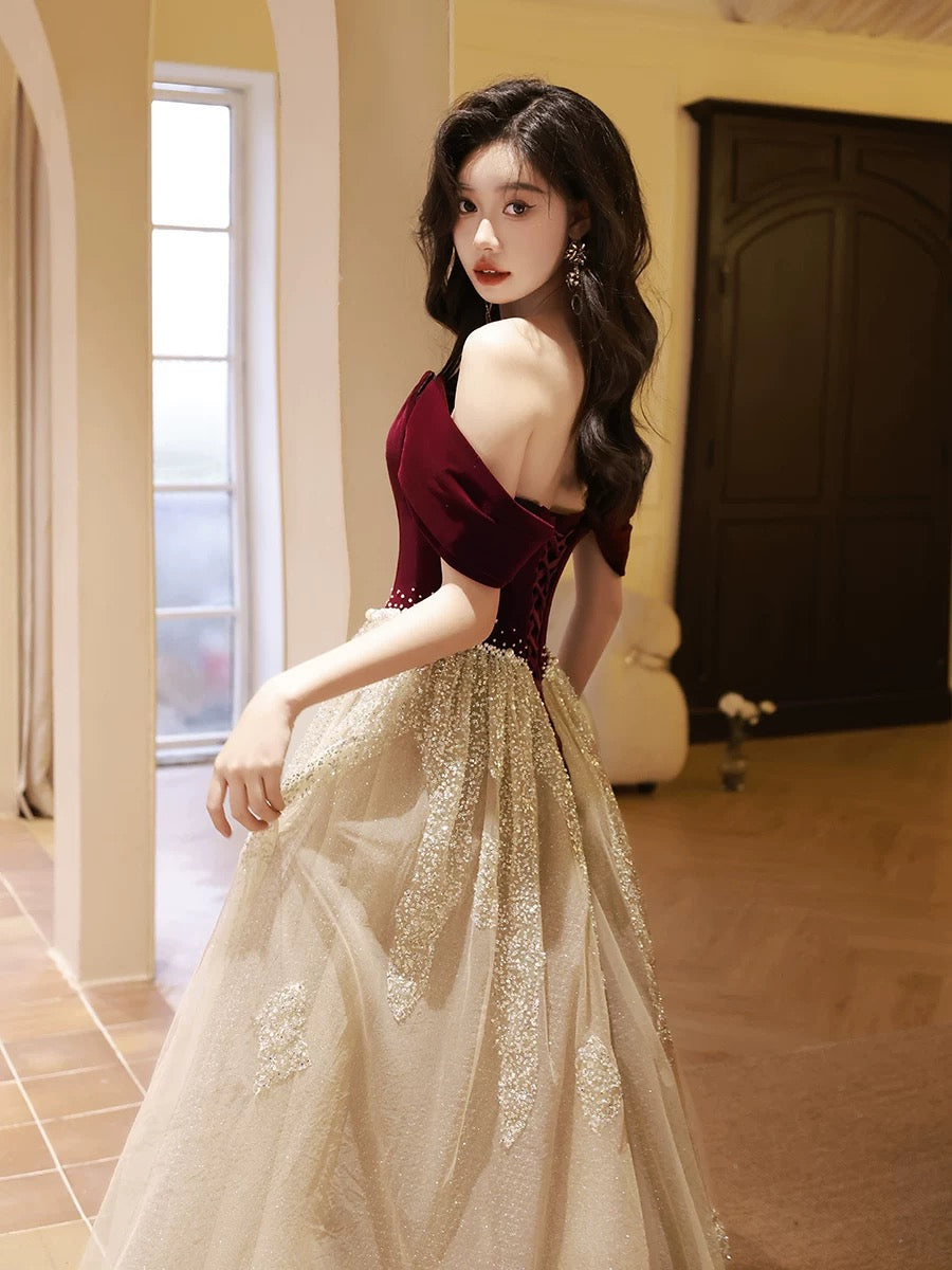 A-Line Off Shoulder Tulle Velvet Floor Length Champagne Prom Dresses With Sequin Secondary image