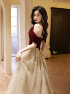 A-Line Off Shoulder Tulle Velvet Floor Length Champagne Prom Dresses With Sequin