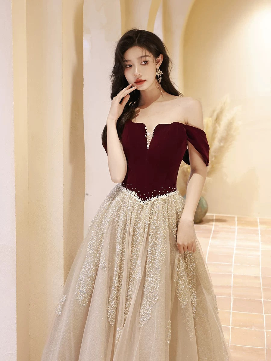 A-Line Off Shoulder Tulle Velvet Floor Length Champagne Prom Dresses With Sequin