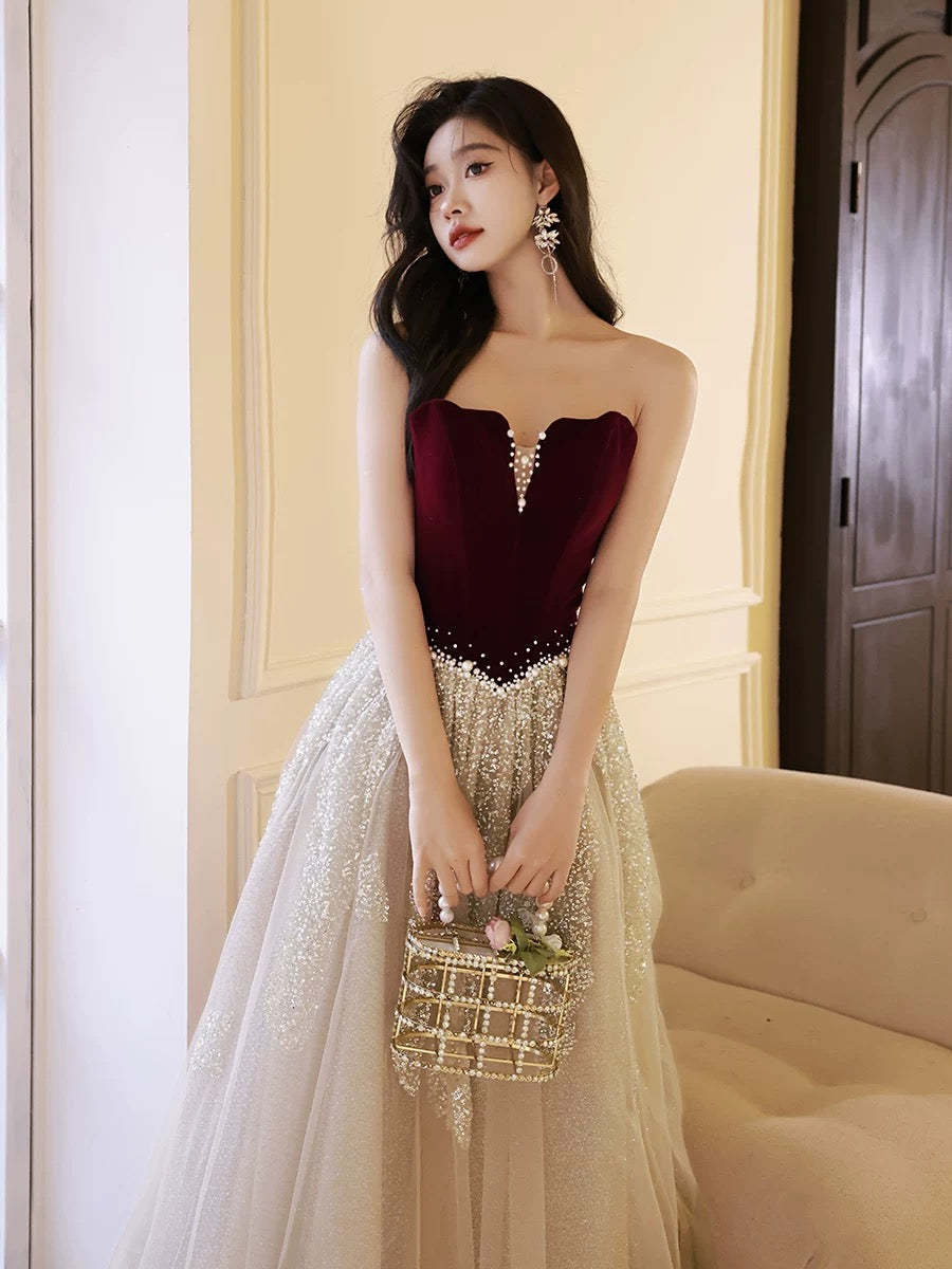 A-Line Off Shoulder Tulle Velvet Floor Length Champagne Prom Dresses With Sequin