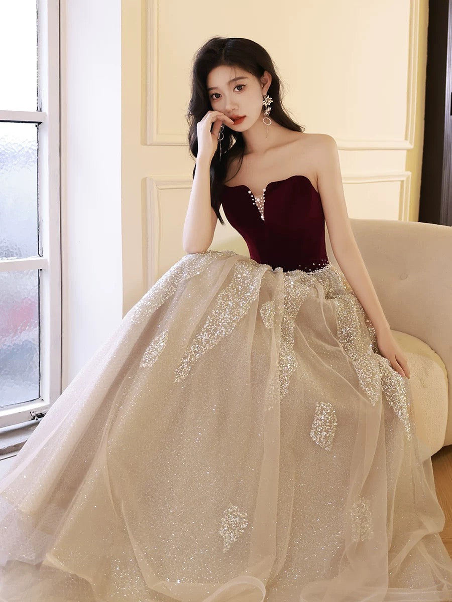 A-Line Off Shoulder Tulle Velvet Floor Length Champagne Prom Dresses With Sequin