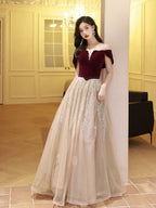 A-Line Off Shoulder Tulle Velvet Floor Length Champagne Prom Dresses With Sequin