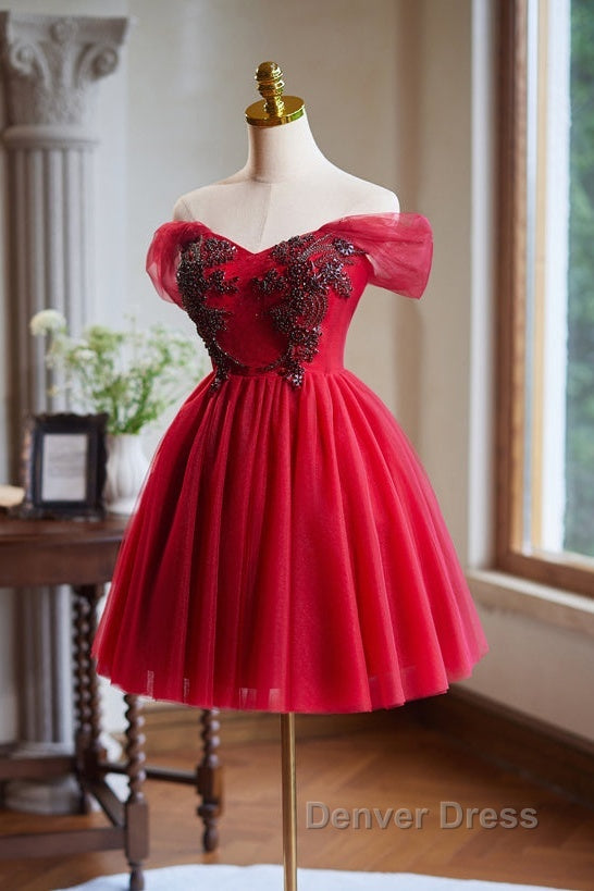 A-Line Off Shoulder V Neck Tulle Burgundy Short Prom Dresses With Beads
