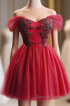 A-Line Off Shoulder V Neck Tulle Burgundy Short Prom Dresses With Beads