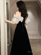 A Line Off Shoulder Velvet Black Long Prom Dress, Black Long Prom Dresses