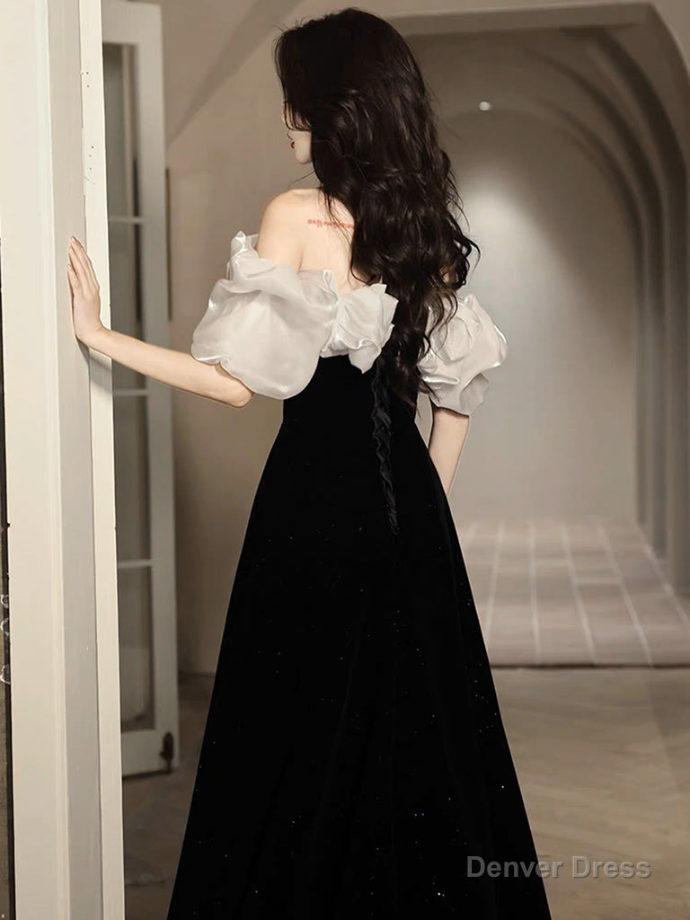 A Line Off Shoulder Velvet Black Long Prom Dress, Black Long Prom Dresses