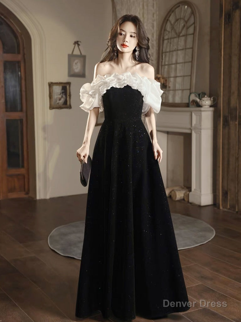 A-Line Off Shoulder Velvet Black Long Prom Dress, Black Long Evening Dress Main image