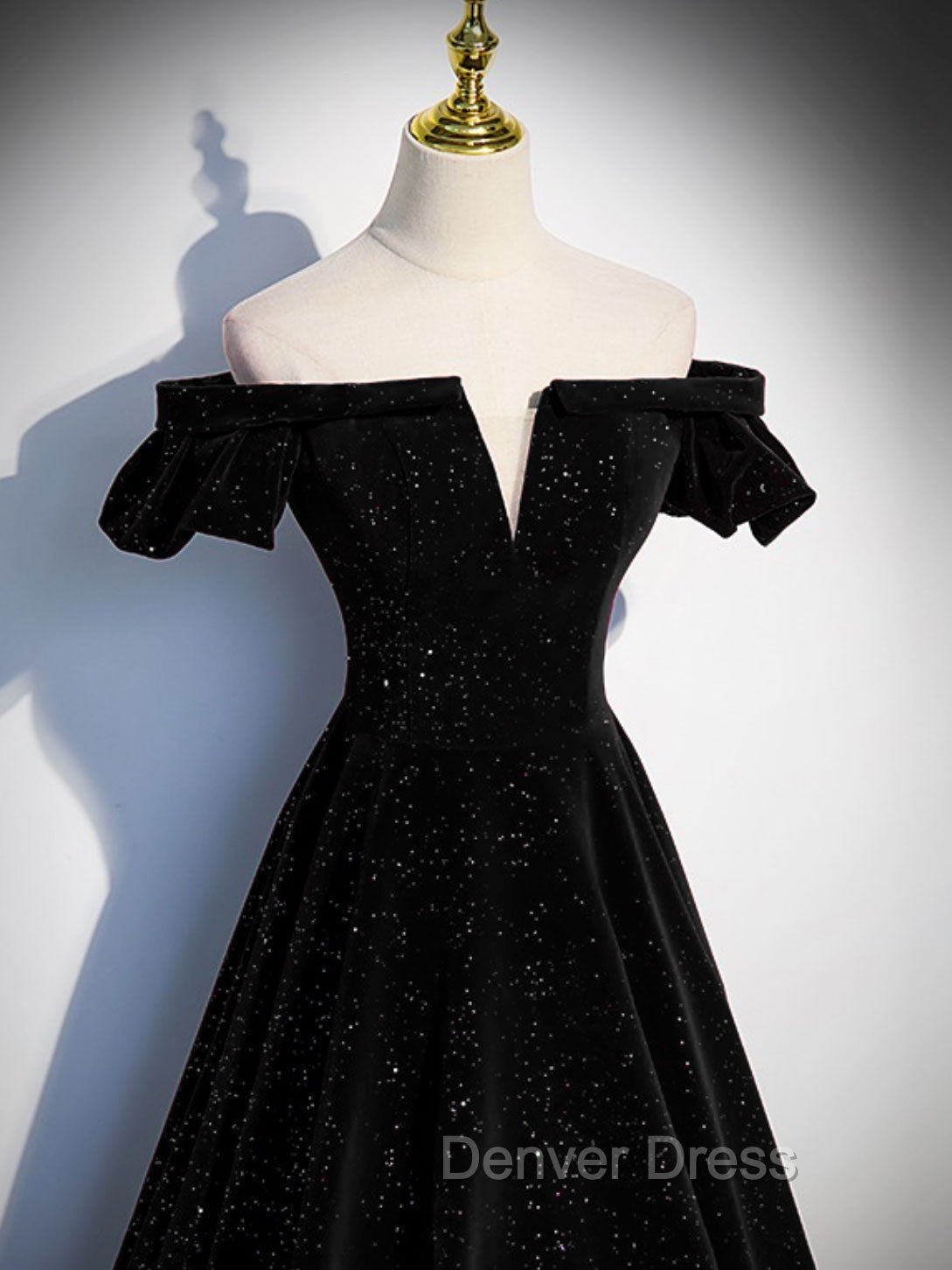 A-Line Off Shoulder Velvet Black Long Prom Dresses, Black Formal Evening Dresses