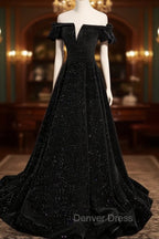 A Line Off Shoulder Velvet Black Long Prom Dress, Black Prom Dresses