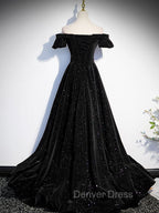 A-Line Off Shoulder Velvet Black Long Prom Dresses, Black Formal Evening Dresses