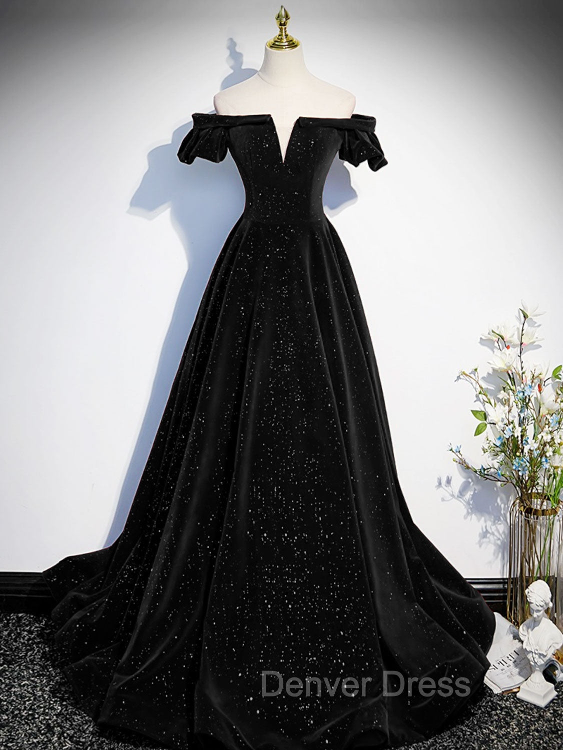 A-Line Off Shoulder Velvet Black Long Prom Dresses, Black Formal Evening Dresses Main image