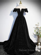 A-Line Off Shoulder Velvet Black Long Prom Dresses, Black Formal Evening Dresses
