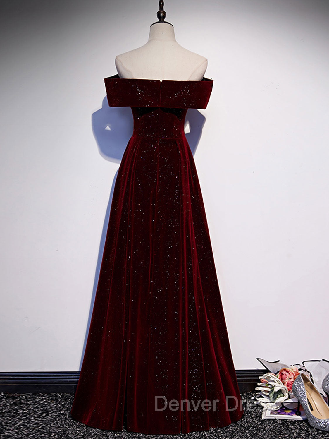 A-Line Off Shoulder Velvet Burgundy Long Prom Dresses, Burgundy Long Formal Dresses