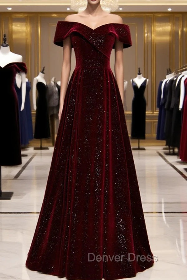 A-Line Off Shoulder Velvet Burgundy Long Prom Dresses, Burgundy Long Formal Dresses Main image
