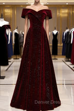 A-Line Off Shoulder Velvet Burgundy Long Prom Dresses, Burgundy Long Formal Dresses