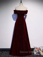 A-Line Off  Shoulder Velvet Burgundy Long Prom Dresses, Burgundy Long Formal Dresses
