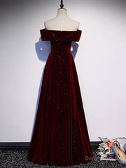 A-Line Off  Shoulder Velvet Burgundy Long Prom Dress, Burgundy Long Formal Dress