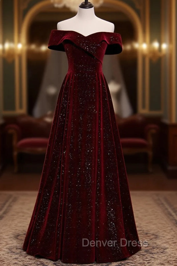 A-Line Off  Shoulder Velvet Burgundy Long Prom Dresses, Burgundy Long Formal Dresses Main image